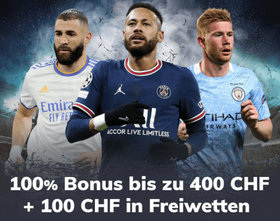 Bahigo Einzahlungsbonus Banner: 100% Bonus bis zu 400 CHF + 100 CHF in Freiwetten