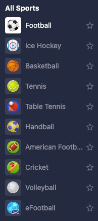 Betmaster Sportwettenauswahl: Fussball, Ice Hockey, Basketball, Tennis, Tischtennis, Handball, American Football, Cricket, Volleyball, eFussball