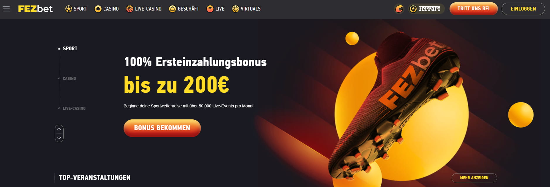 Fezbet Login am oberen rechten Bildrand