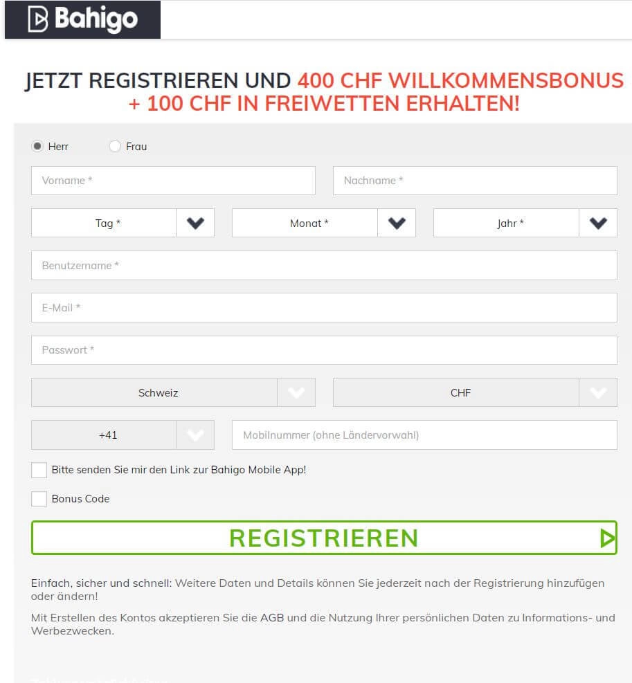 Bahigo Registrierung