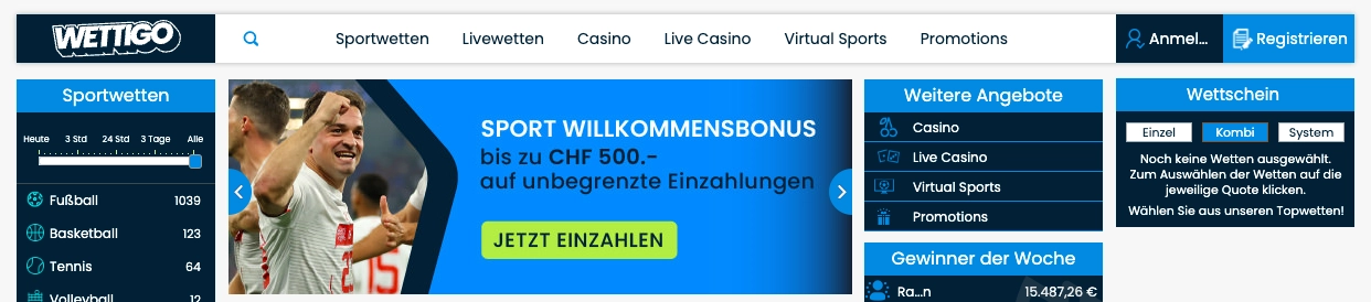 Wettigo 500 CHF Bonus für Neukunden
