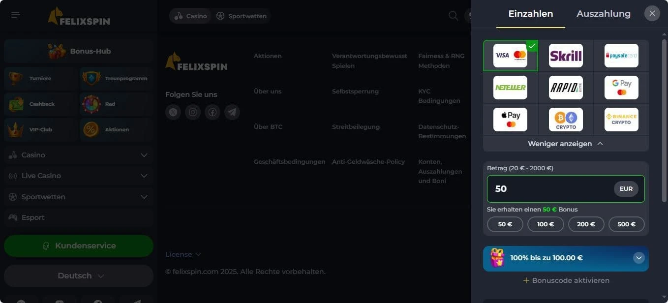FelixSpin Schweiz Einzahlung
